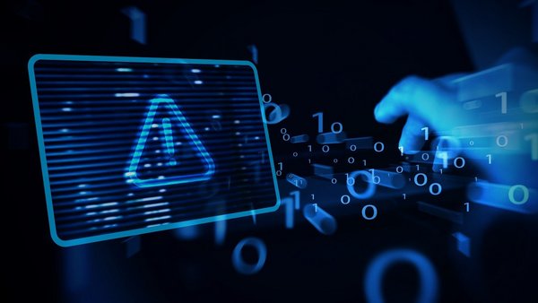 Ein Warnzeichen zwischen Nullen und Einsen, ein Hacker versucht in ein geschütztes IT-System einzudringen.