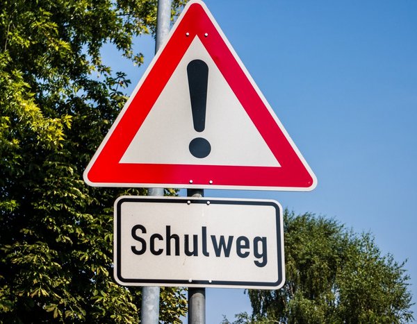 Ein Verkehrsschild, auf dem Schulweg steht.
