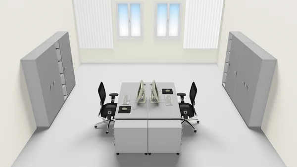 Büro mit zwei Arbeitsplätzen und Schränken (Skizze)