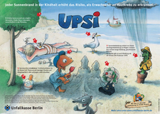 Plakat mit Upsi, am Strand.