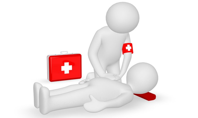 Eine Person macht eine HLW bei einer auf dem Boden liegenden Person (gezeichnet)