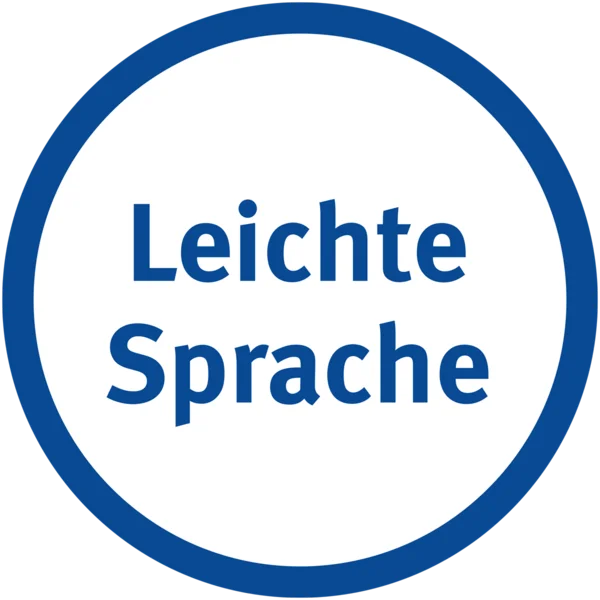 Blauer Schriftzug Leichte Sprache in blauem Kreis auf weißem Hintergrund.