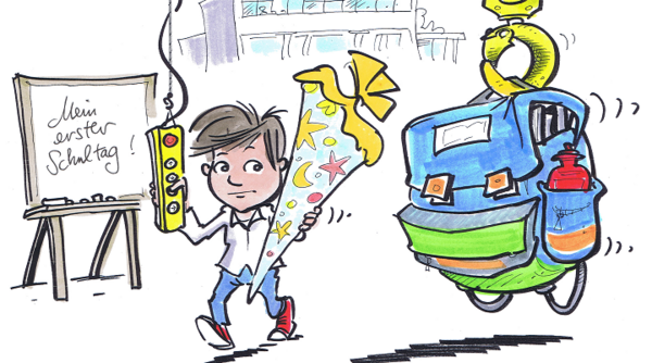 Junge mit Schultüte hebt Schulranzen mit Kran an (Karikatur)