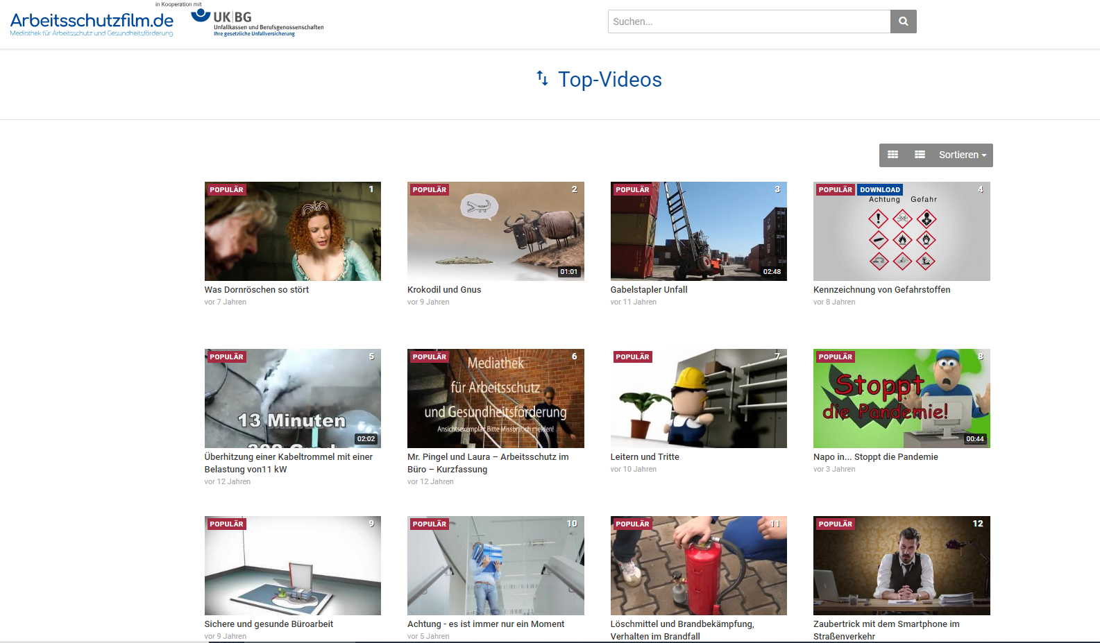 Screenshot des Videoangebotes der Seite Arbeitsschutzfilm.de