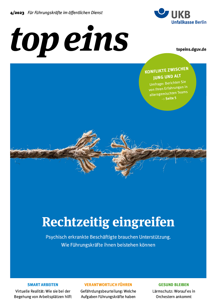 top eins Ausgabe 4/2023 Motiv: Vor blauem Hintergrund droht ein Seil zu reißen.